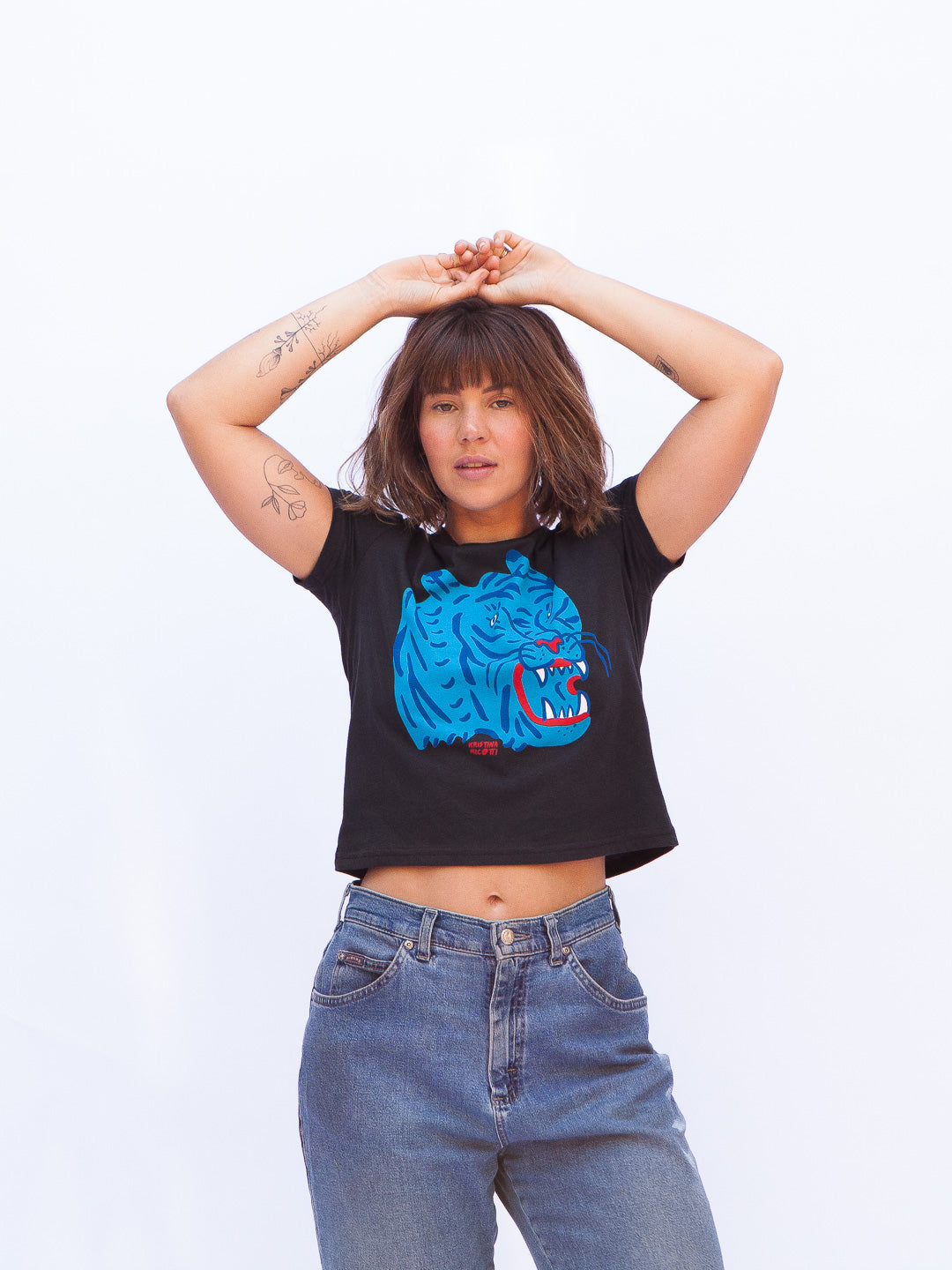 Blue Tiger Women's Tee Black by Kristina Micotti-Culk
