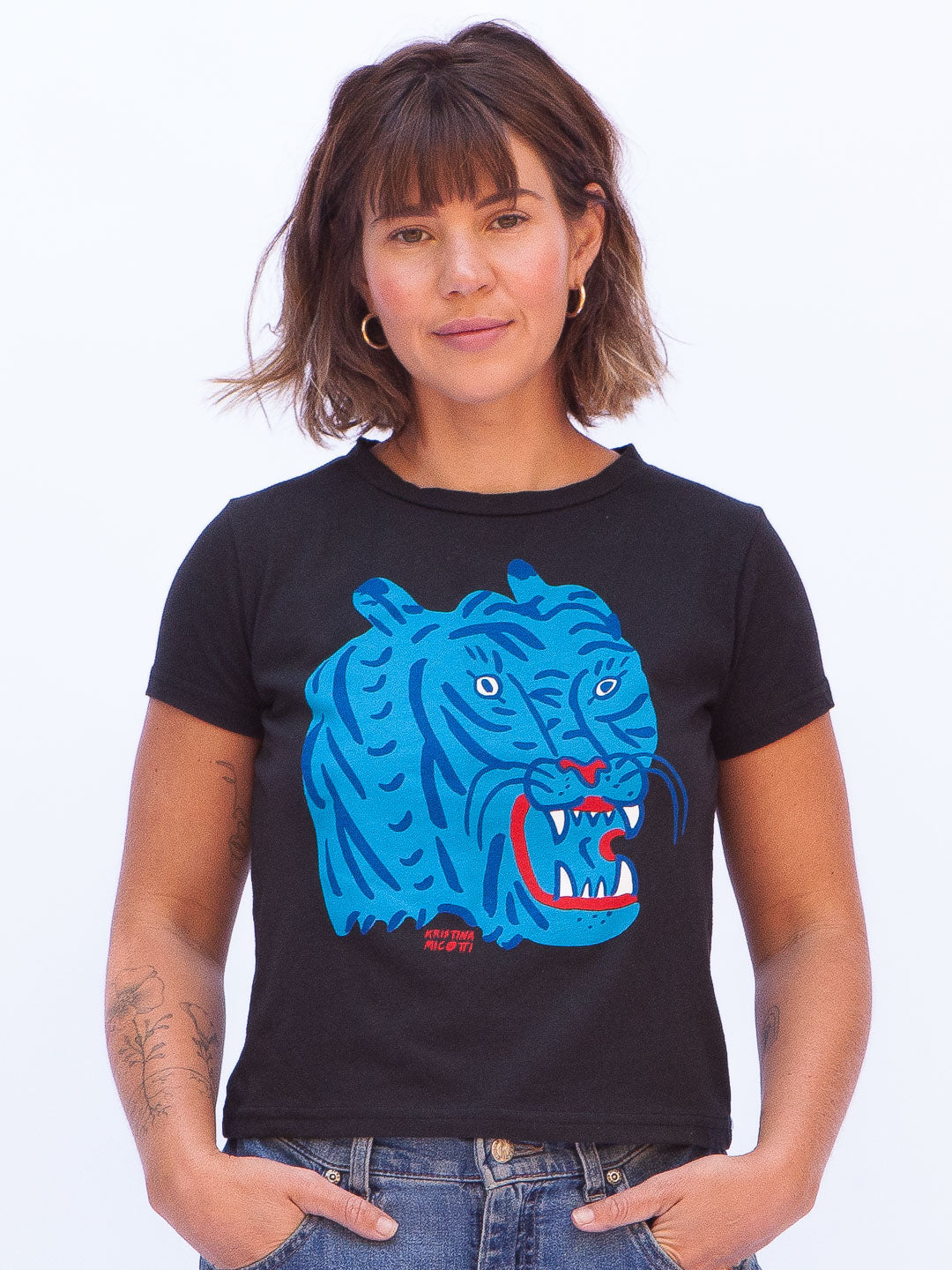 Blue Tiger Women's Tee Black by Kristina Micotti-Culk