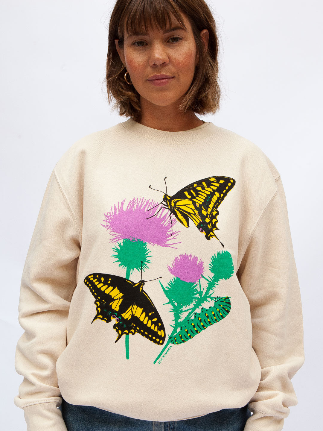 Butterfly Garden Crewneck Cream by Jen Kindell-Culk
