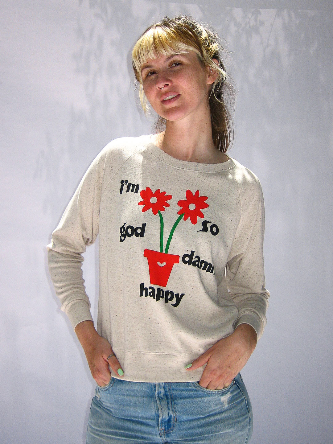 I'm So God Damn Happy Women's Raglan Pullover Tri-Cream-Culk