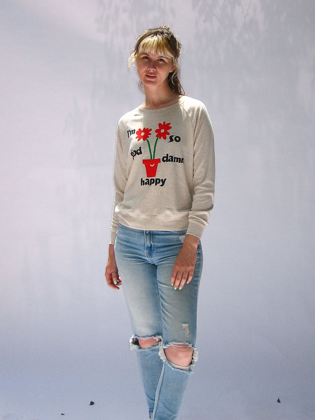 I'm So God Damn Happy Women's Raglan Pullover Tri-Cream-Culk