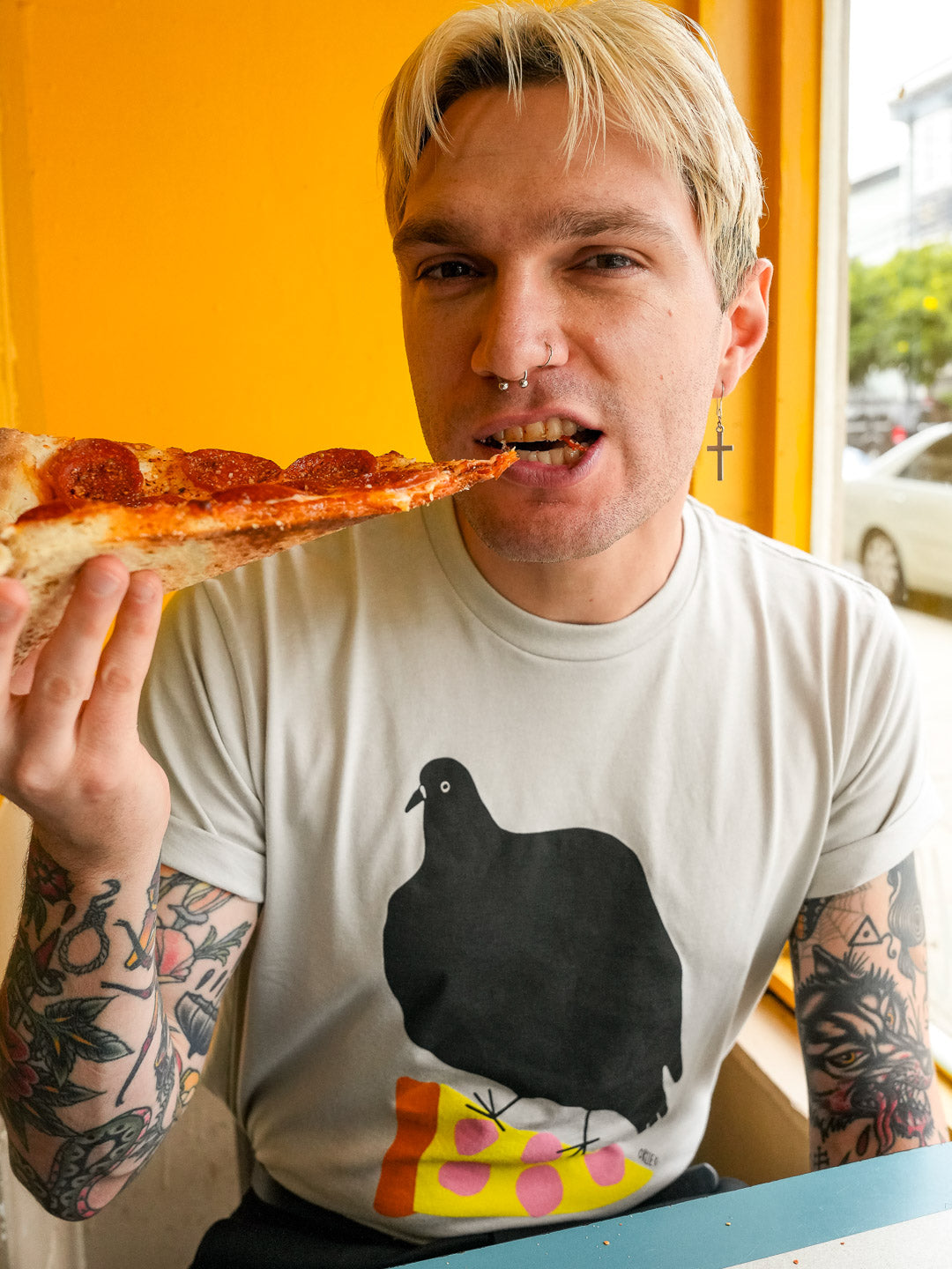 Pizza Pigeon Tee Silver by Orlie K.-Culk