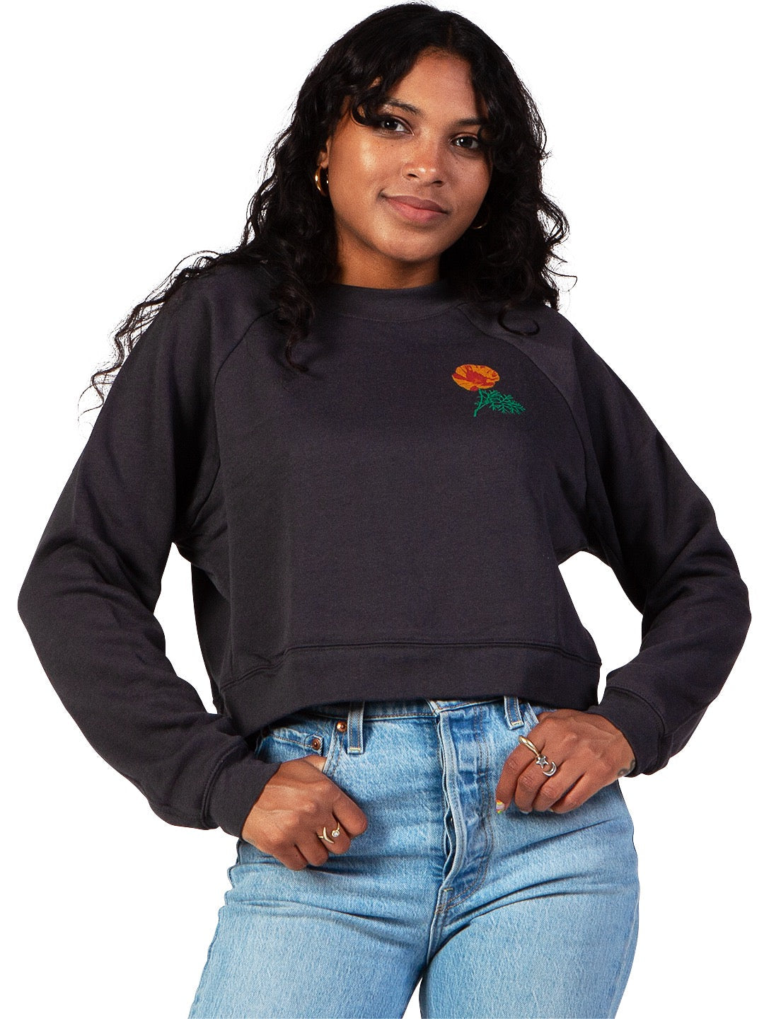 Jen Kindell Poppy Women's Cropped Crewneck Sweatshirt Faded Black-Culk
