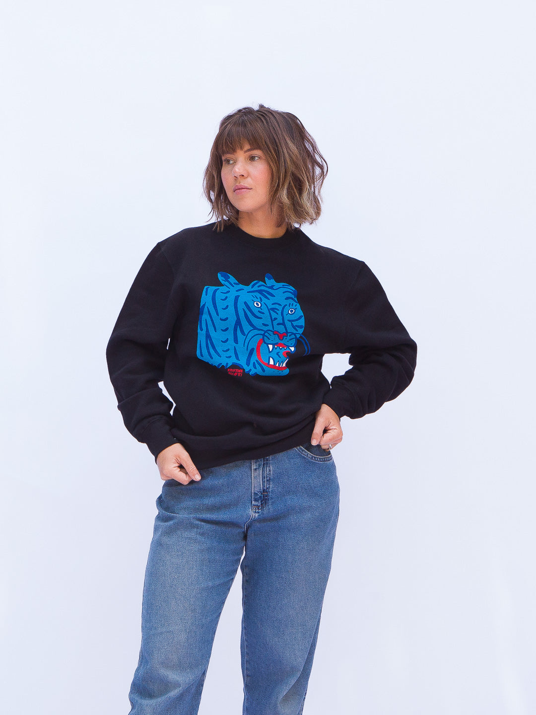 Blue Tiger Crewneck Black by Kristina Micotti-Culk