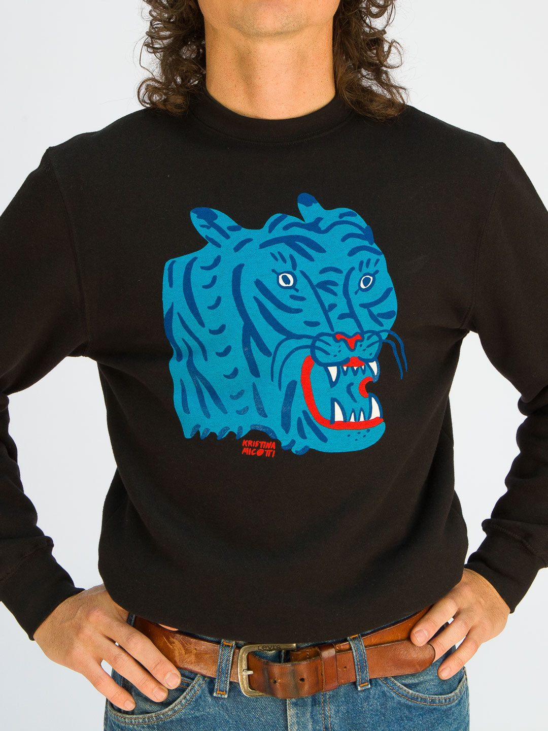 Blue Tiger Crewneck Black by Kristina Micotti-Culk