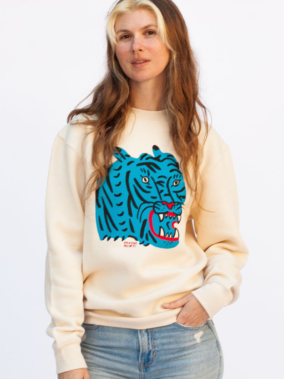 Blue Tiger Crewneck Cream by Kristina Micotti-Culk