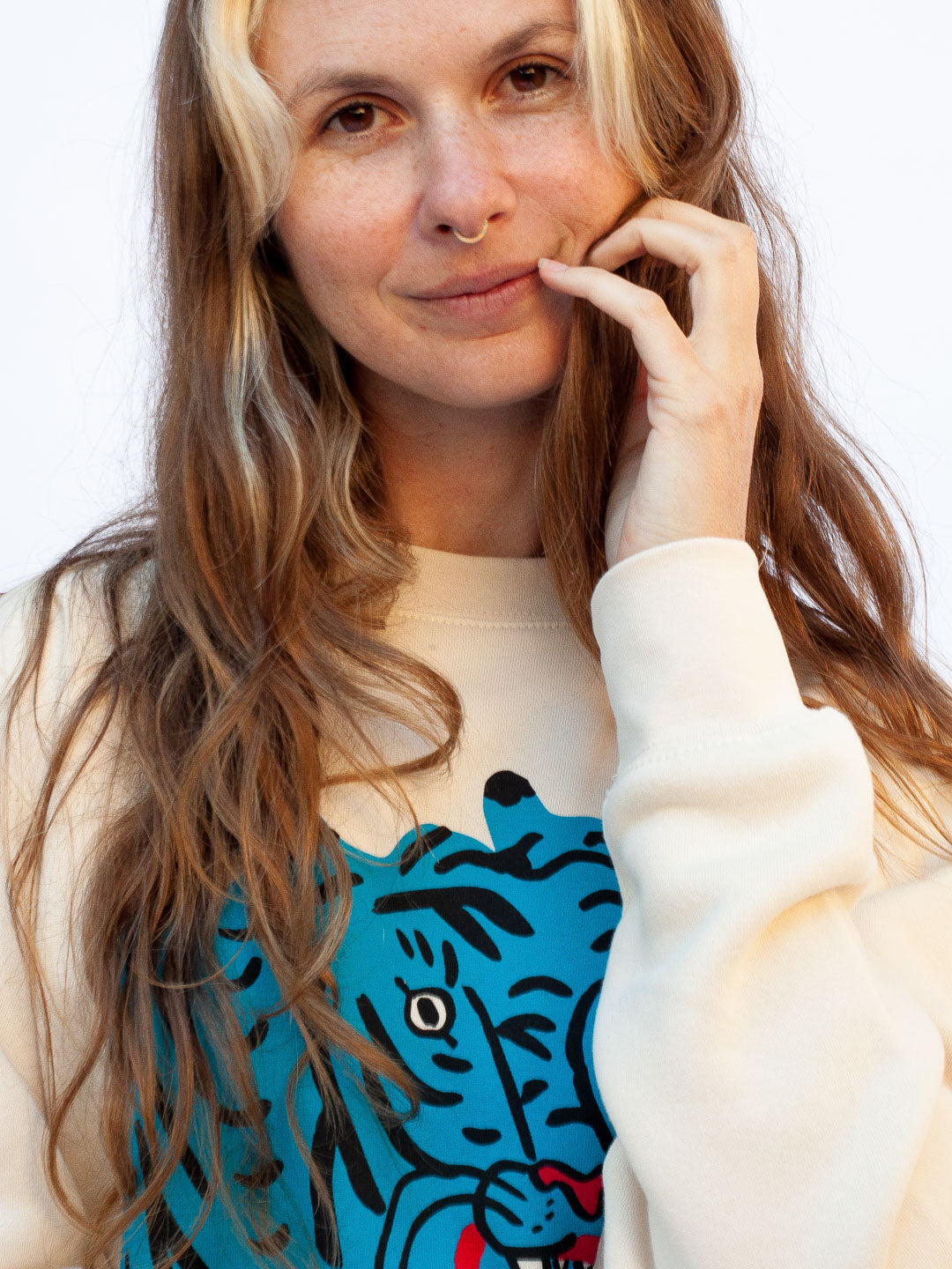 Blue Tiger Crewneck Cream by Kristina Micotti-Culk