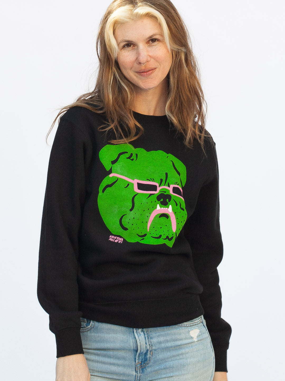 Green Bulldog Crewneck Black by Kristina Micotti-Culk