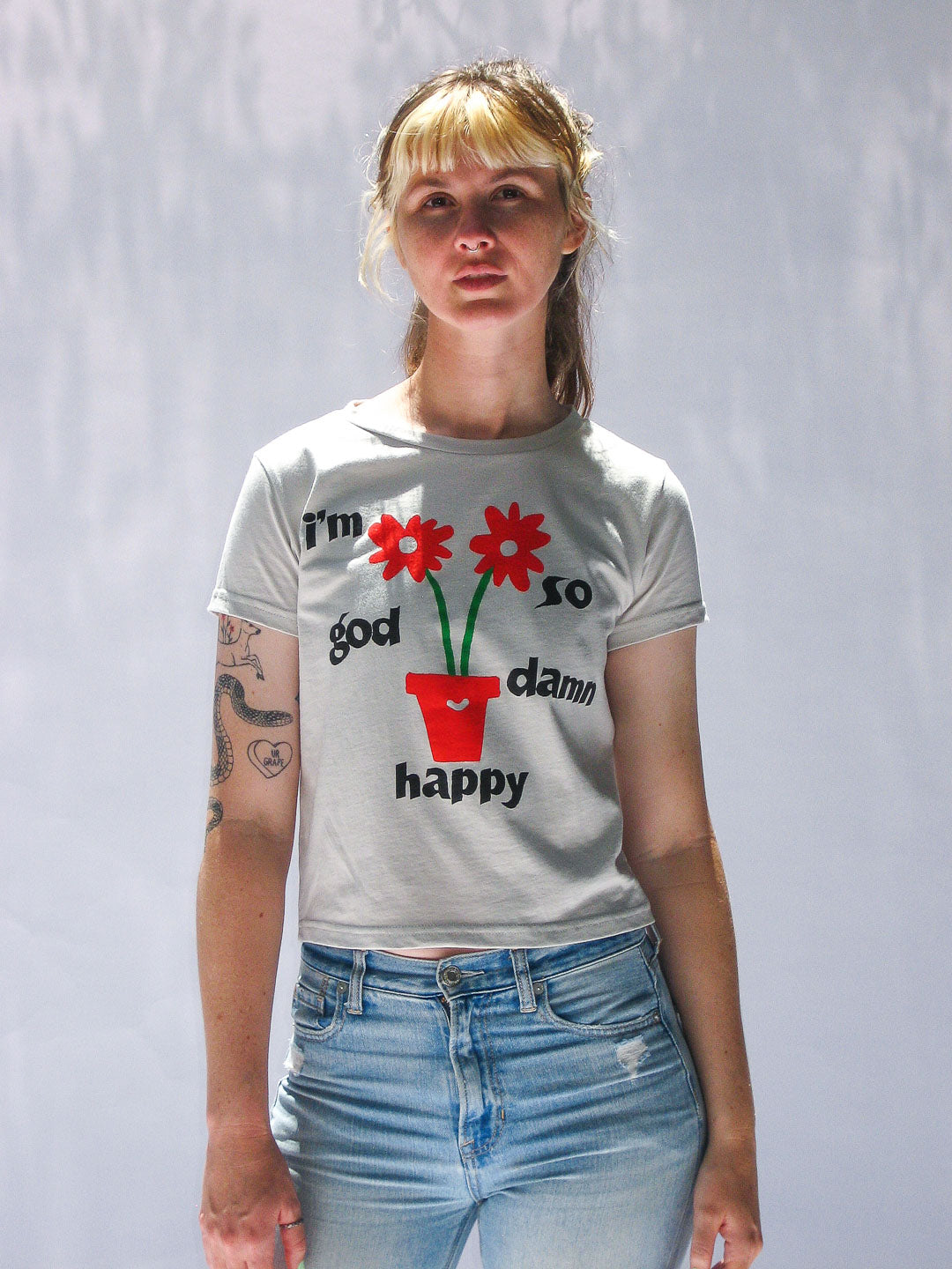 I'm So God Damn Happy Women's Tee Silver-Culk