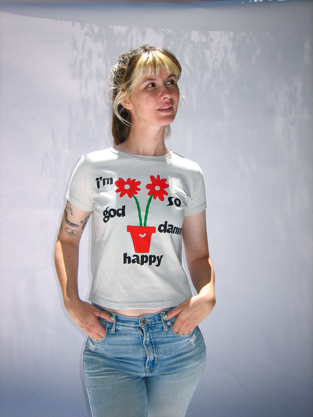 I'm So God Damn Happy Women's Tee Silver-Culk