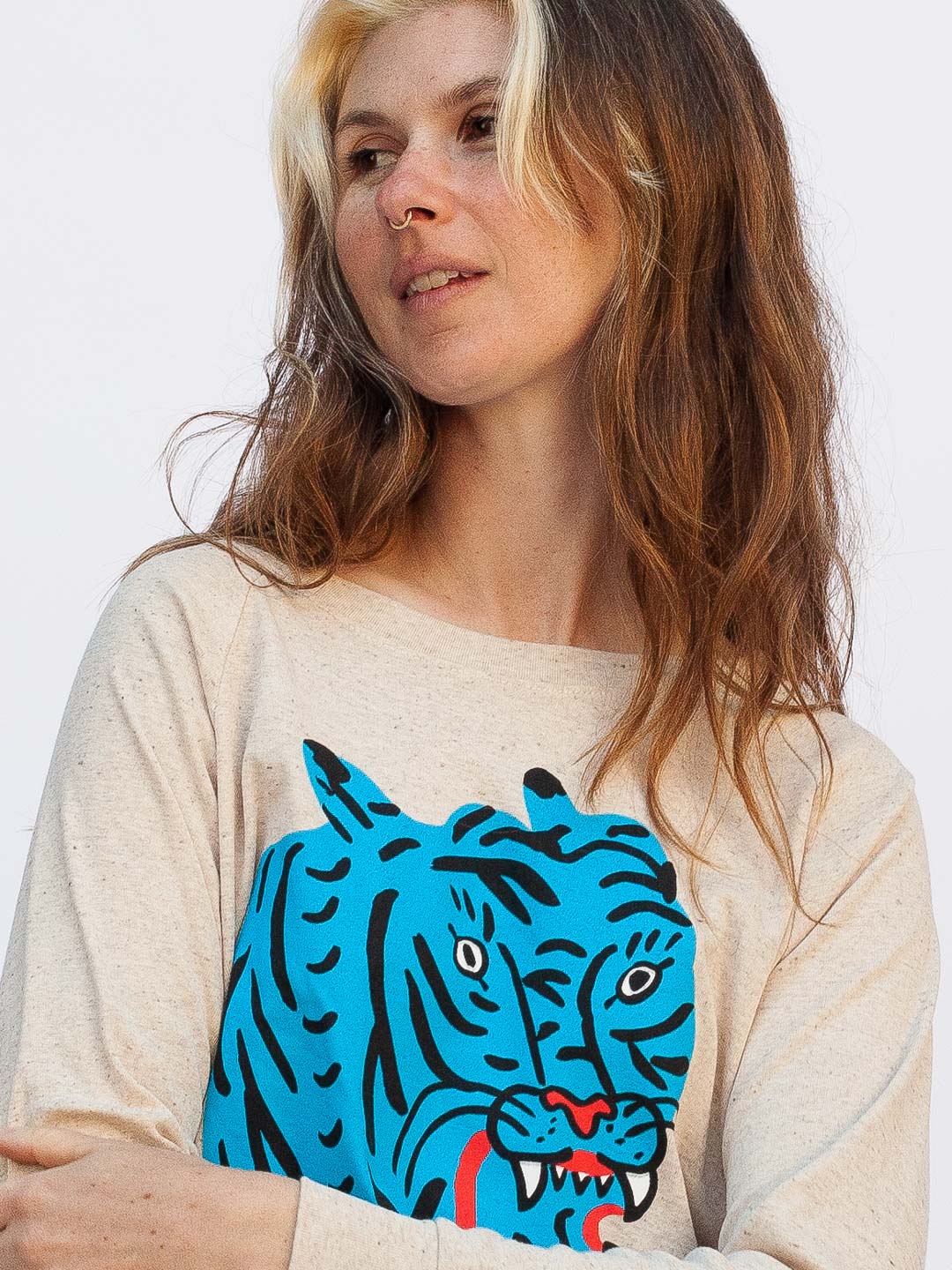 Kristina Micotti Blue Tiger Women's Raglan Pullover Oatmeal-Culk