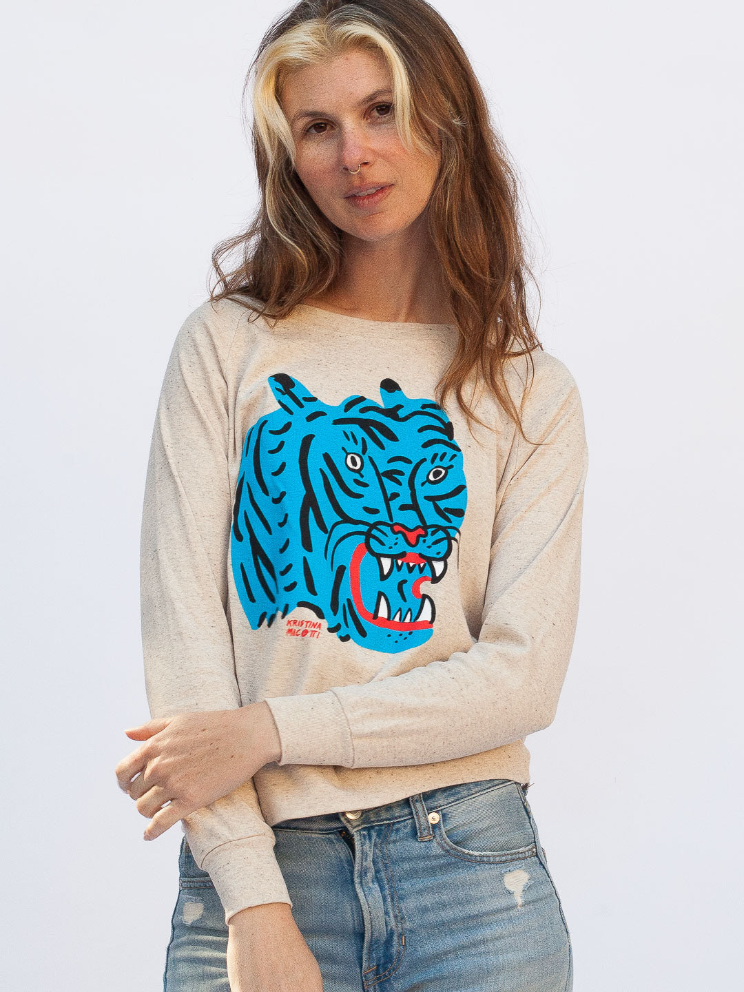 Kristina Micotti Blue Tiger Women's Raglan Pullover Oatmeal-Culk