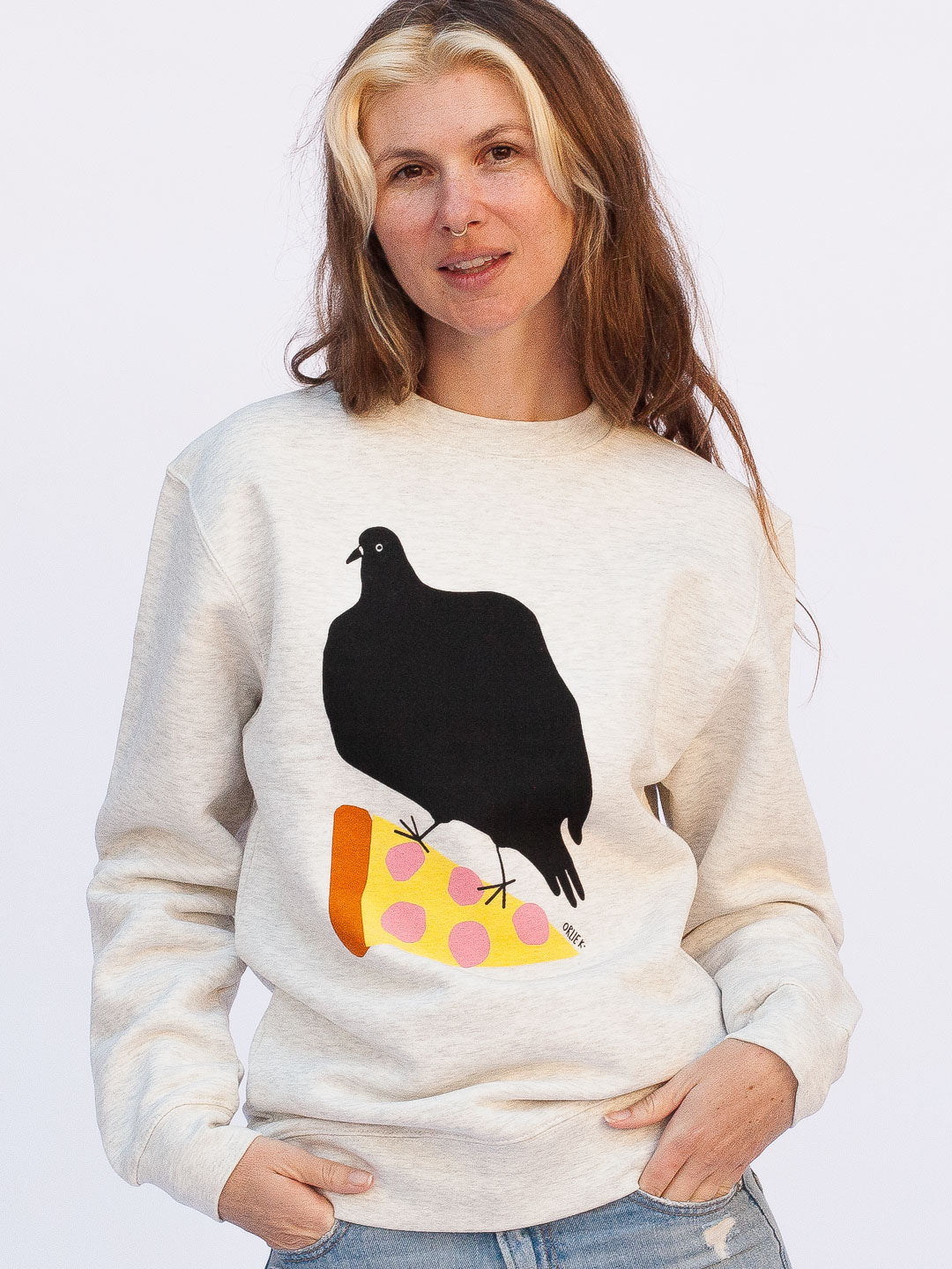 Pizza Pigeon Crewneck Heather Cream by Orlie K.-Culk