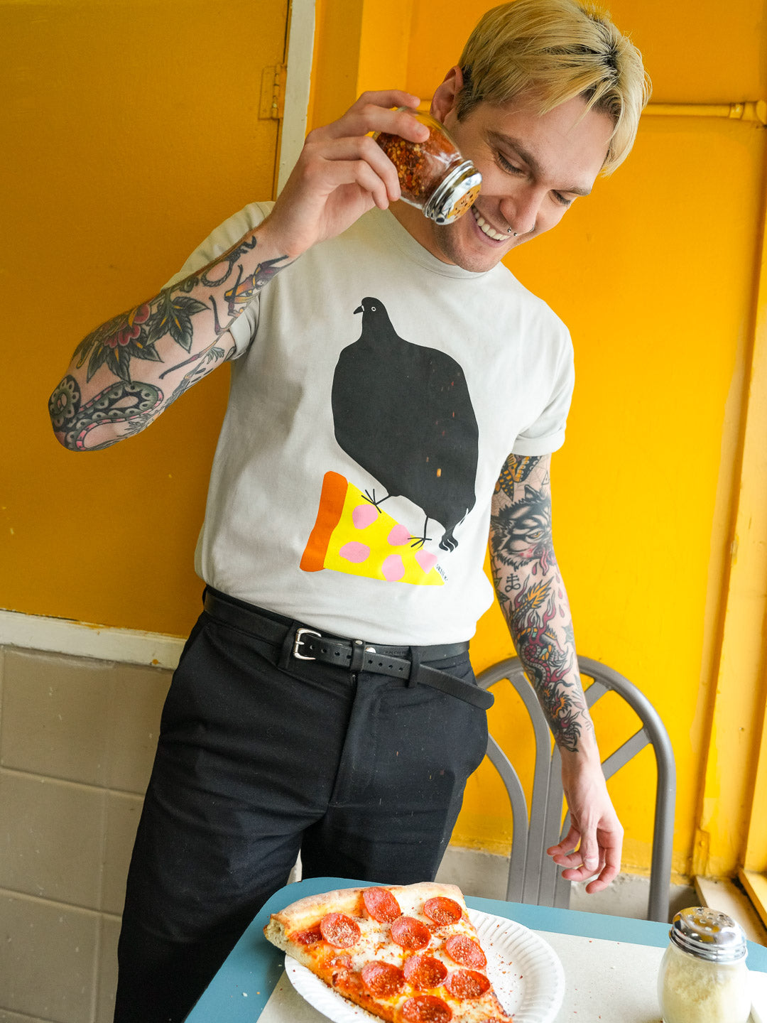 Pizza Pigeon Tee Silver by Orlie K.-Culk