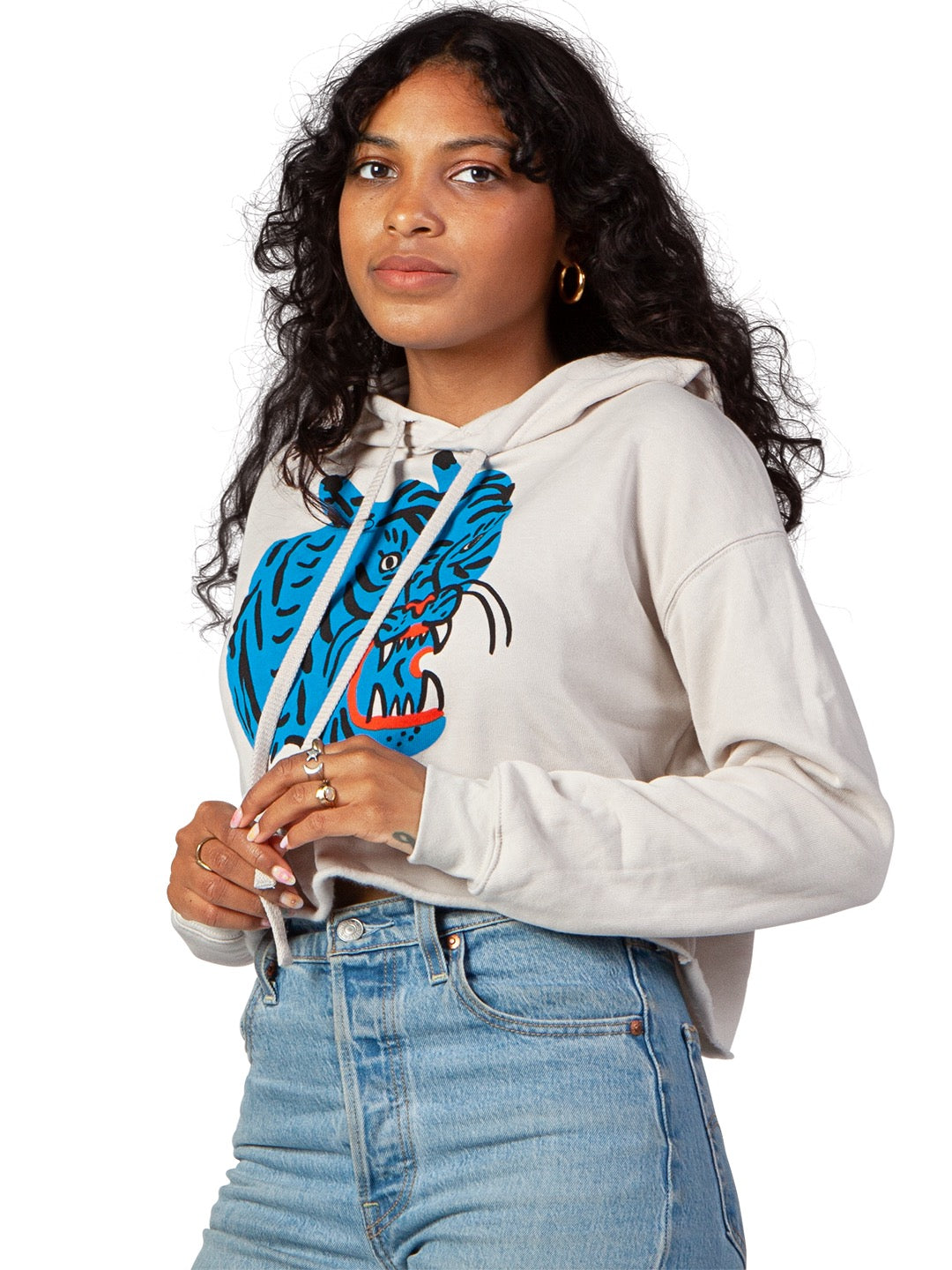 Blue Tiger Women's Cropped Hoodie Cream by Kristina Micotti-Culk