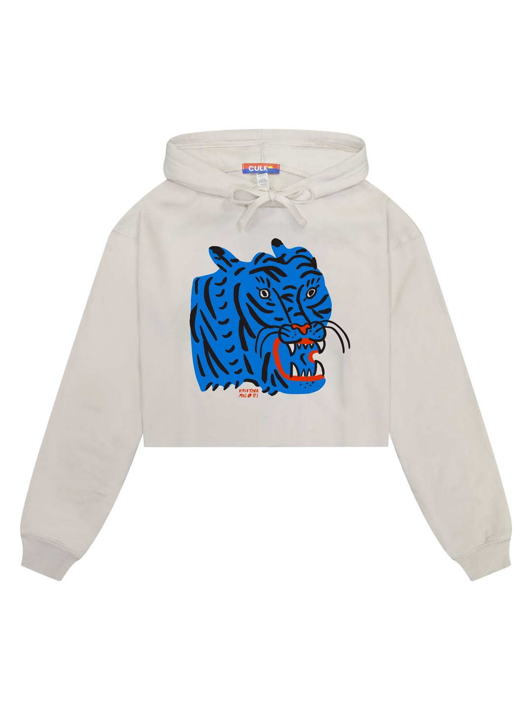 Blue Tiger Women's Cropped Hoodie Cream by Kristina Micotti-Culk