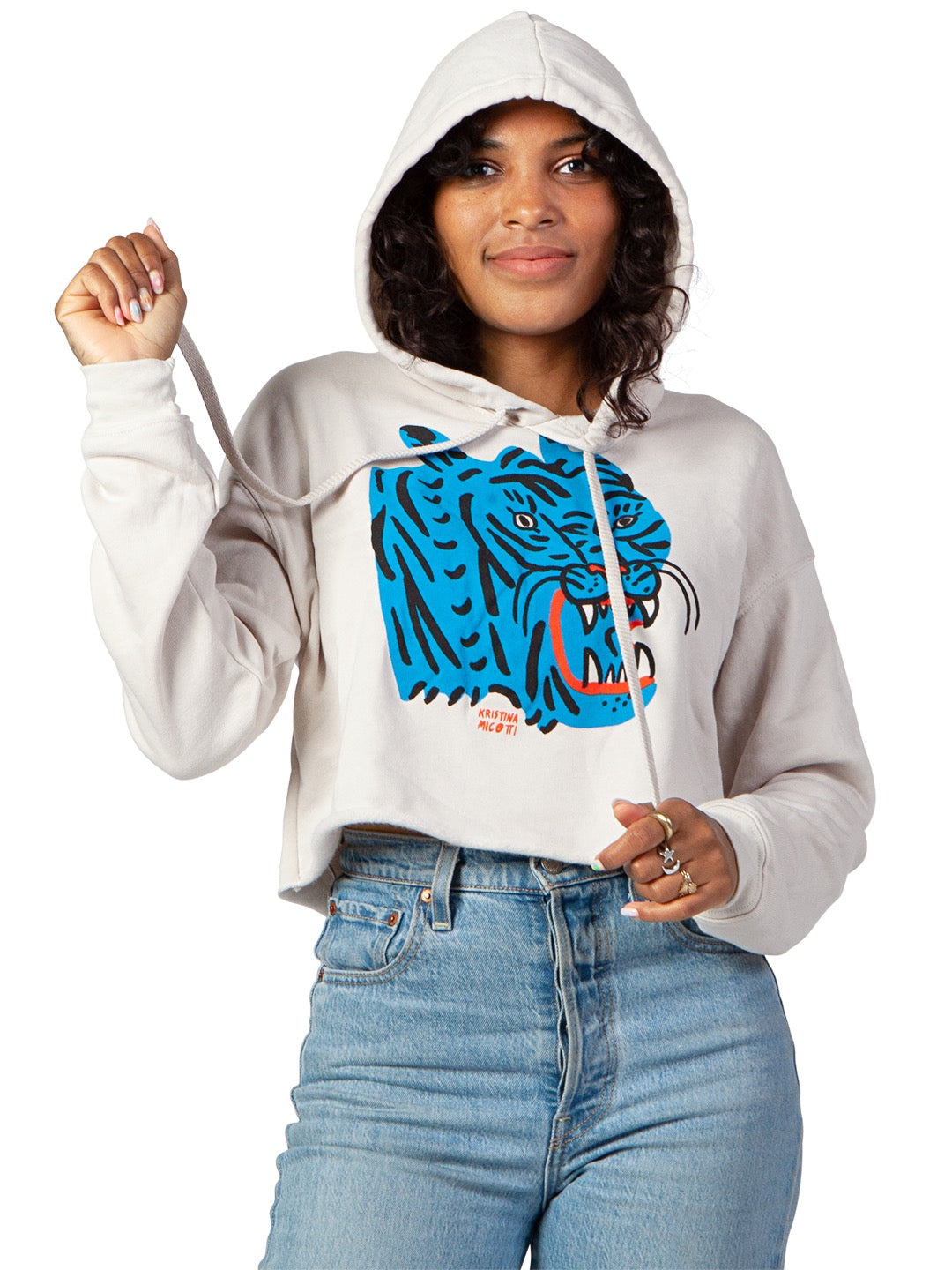 Blue Tiger Women's Cropped Hoodie Cream by Kristina Micotti-Culk